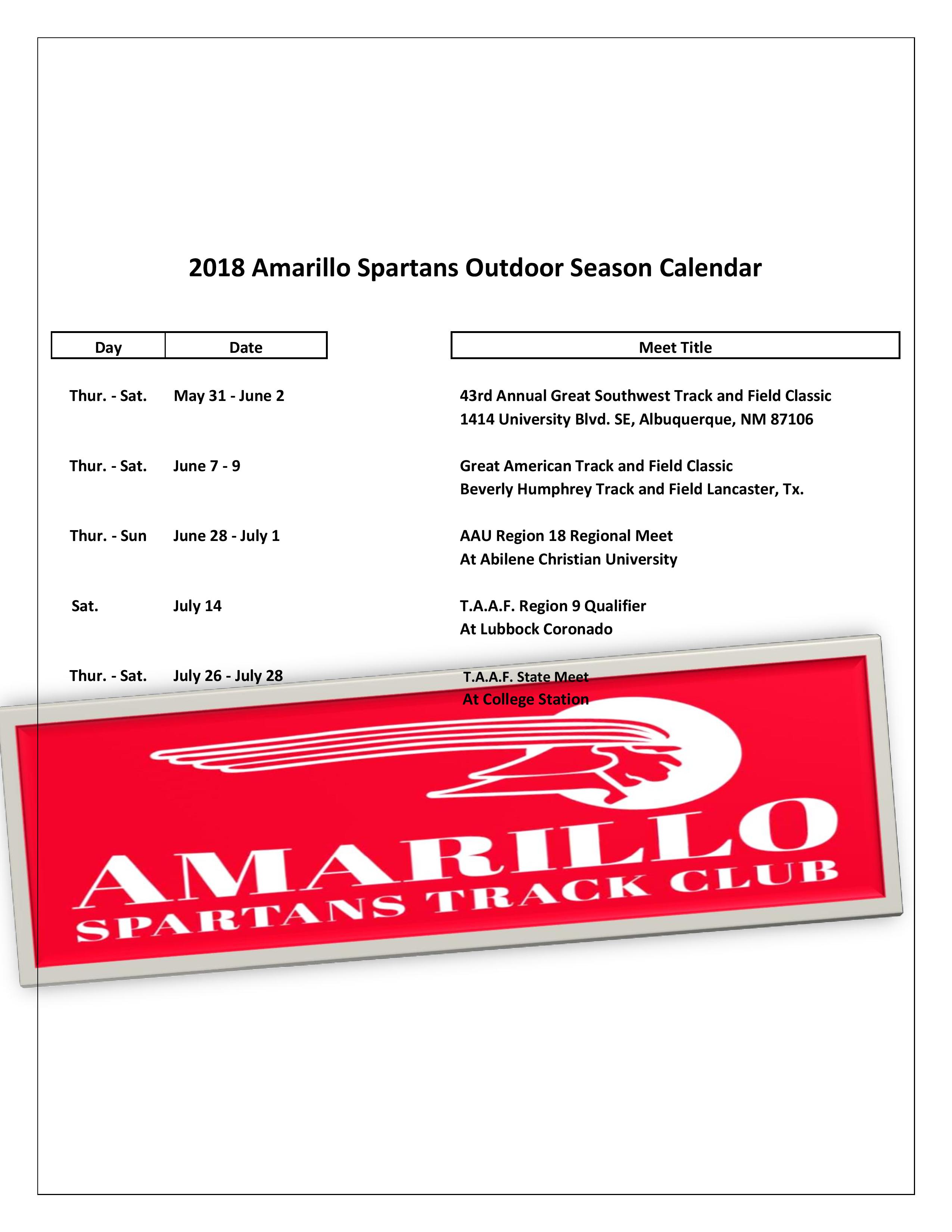 2018 Outdoor Summer Track Schedule